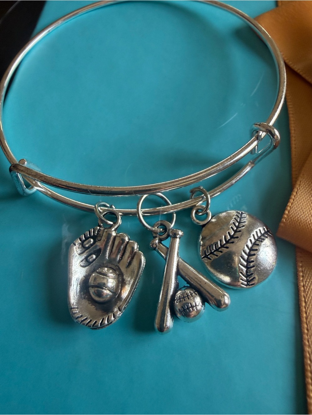 Handcrafted Softball Charm Bangle Bracelet Girls Silver Tone - Sports Jewelry - Picture 1 of 6